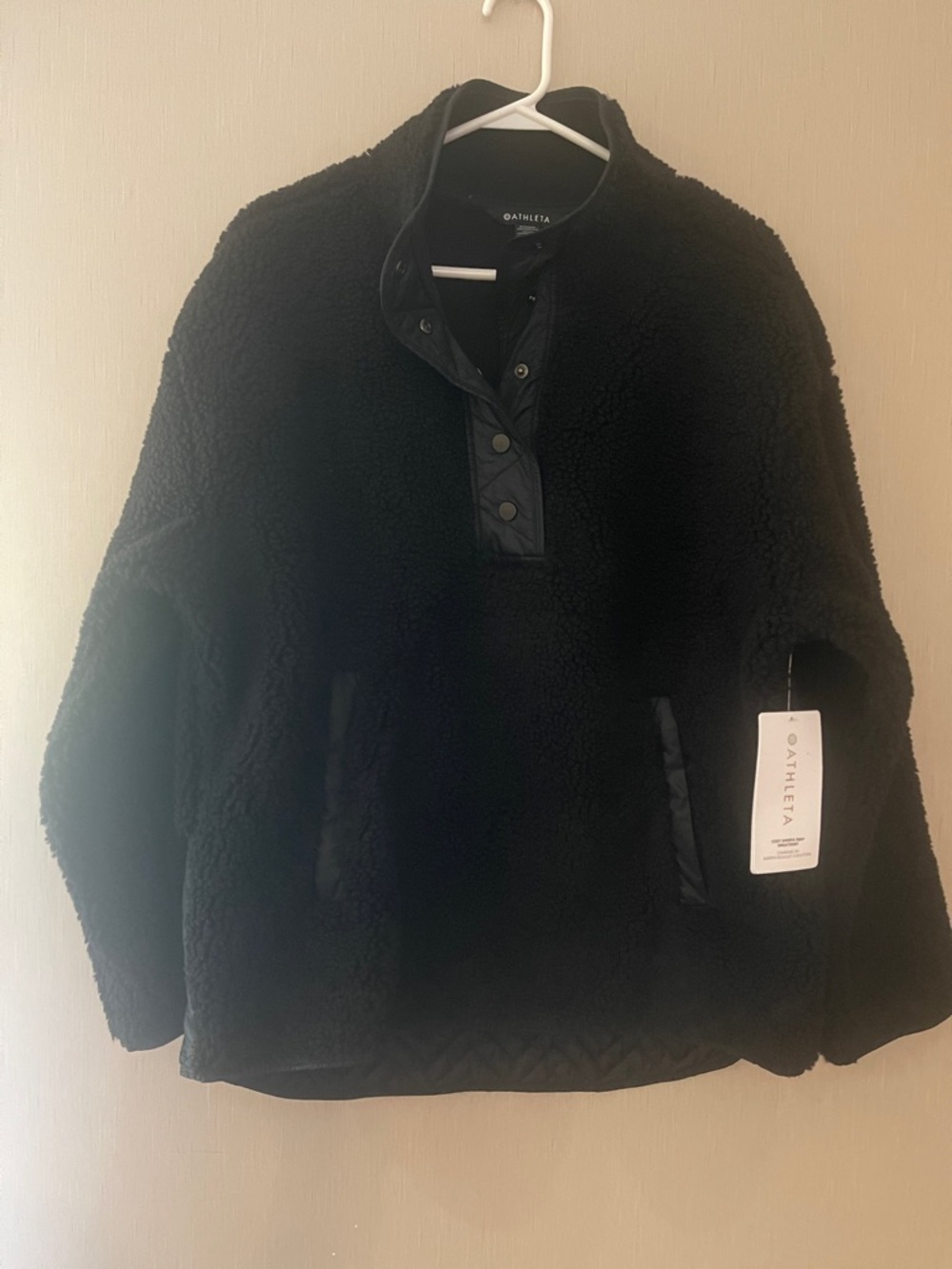 Athleta NWT large Black cozy Sherpa Snap sweatshirt textured Pullover $149 MSRP